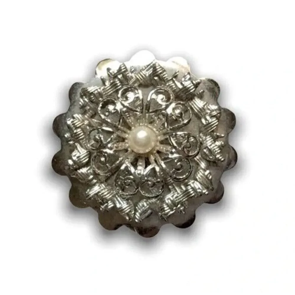 Vintage Dress Clip Silver Tone Faux Pearl Flower Design Art Nouveau Style